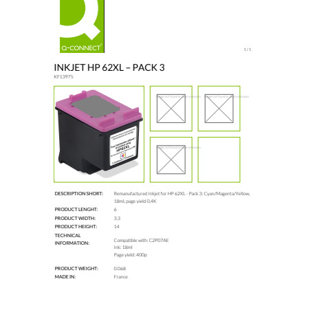 Cartuccia Q-Connect rigenerata HP 62XL colore ciano/magenta/giallo KF13975